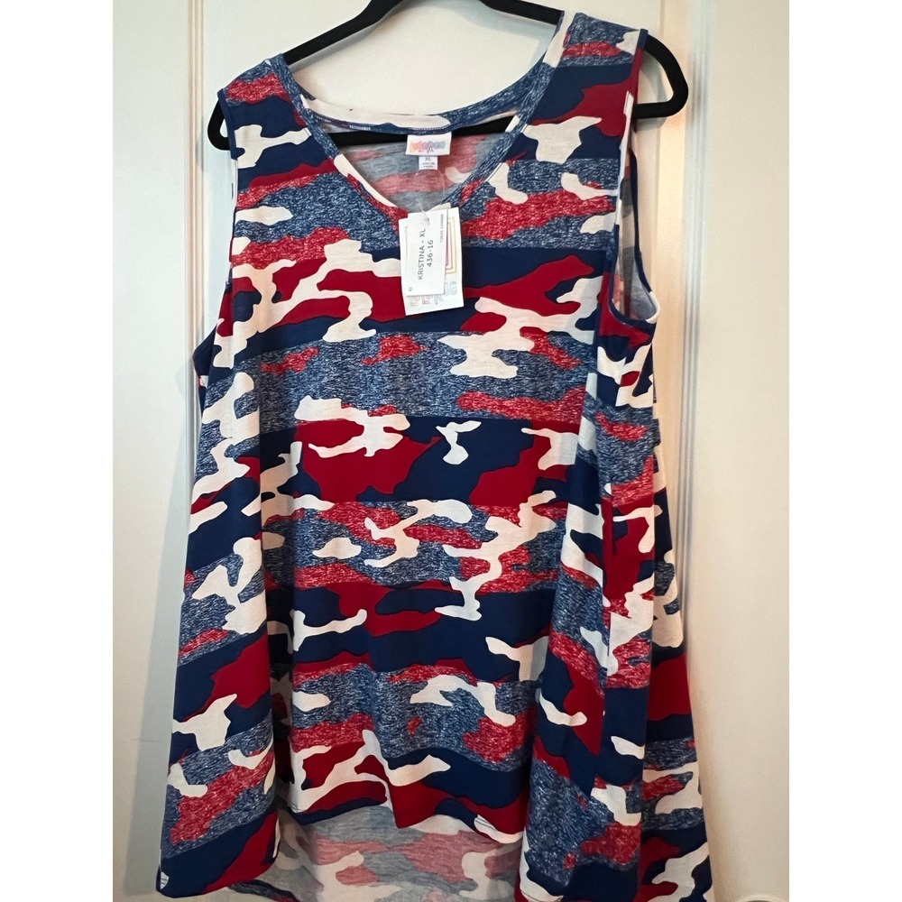 LuLaRoe Kristina Tank Top XL Red White Blue Camo V-Neck High Low Sleeveless NEW